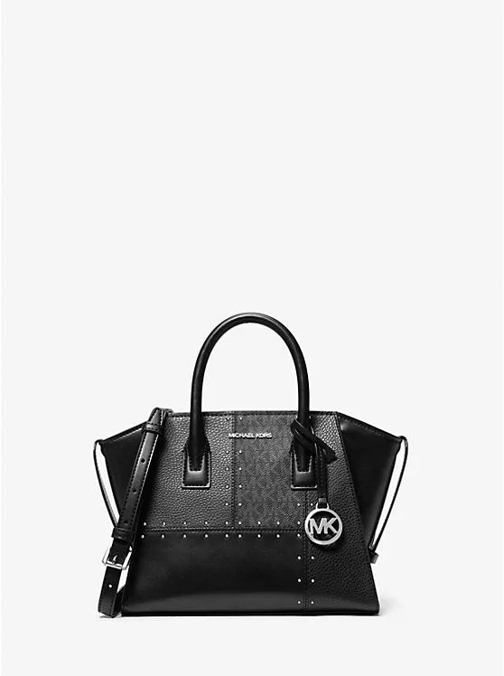 Michael Kors Avril MIDI Studded Patchwork and Signature Logo Satchel-Black