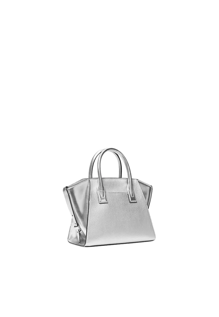 Michael Kors Avril Small Metallic Studded Patchwork and Signature Logo Satchel Bag In Silver 35R5S4VS1M