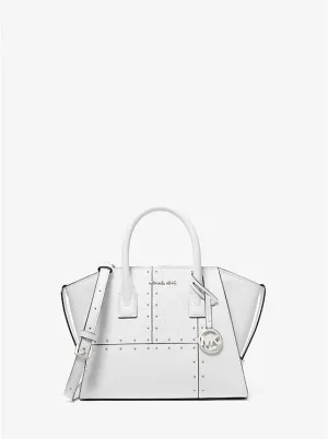 Micheal Kors Avril Small Studded Patchwork and Signature Logo Satchel Optic White