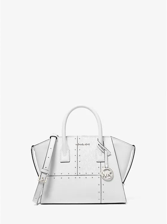 Micheal Kors Avril Small Studded Patchwork and Signature Logo Satchel Optic White