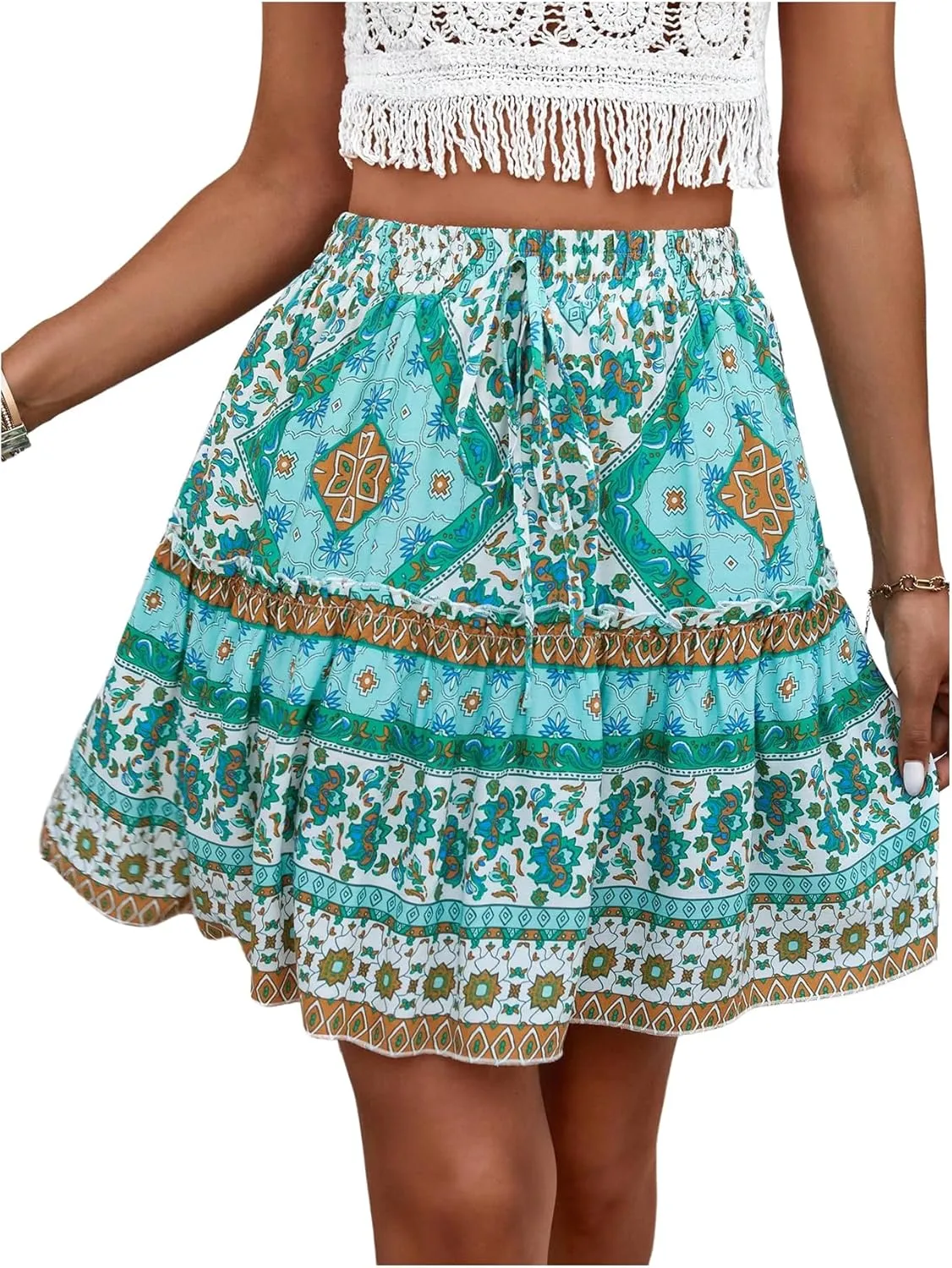 Milumia Women's Floral Tie Front Ruffle Mini Skirt Boho High Waist Tiered Ruffle Flowy Short Skirts