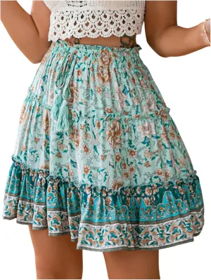 Milumia Women's Floral Tie Front Ruffle Mini Skirt Boho High Waist Tiered Ruffle Flowy Short Skirts