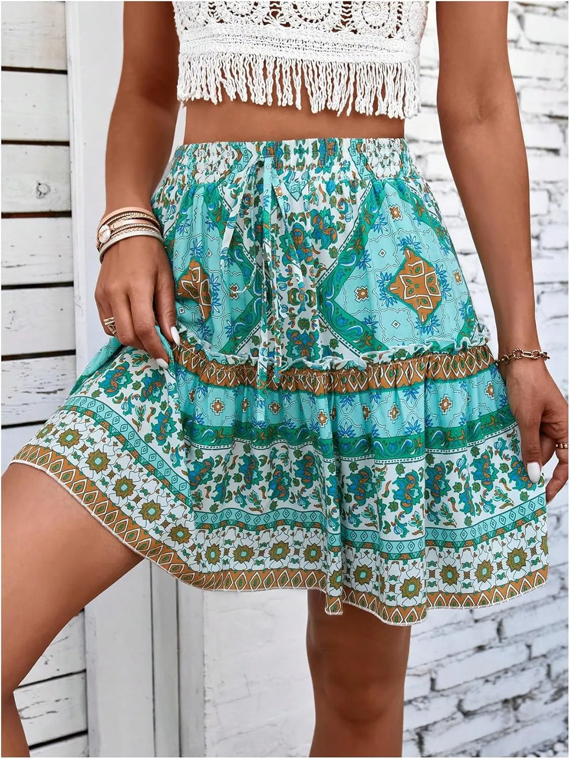 Milumia Women's Floral Tie Front Ruffle Mini Skirt Boho High Waist Tiered Ruffle Flowy Short Skirts