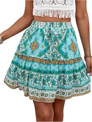 Milumia Women's Floral Tie Front Ruffle Mini Skirt Boho High Waist Tiered Ruffle Flowy Short Skirts