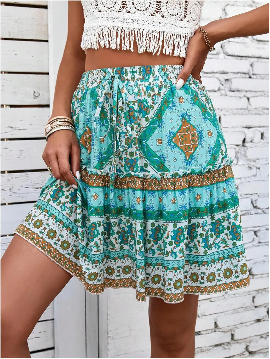 Milumia Women's Floral Tie Front Ruffle Mini Skirt Boho High Waist Tiered Ruffle Flowy Short Skirts