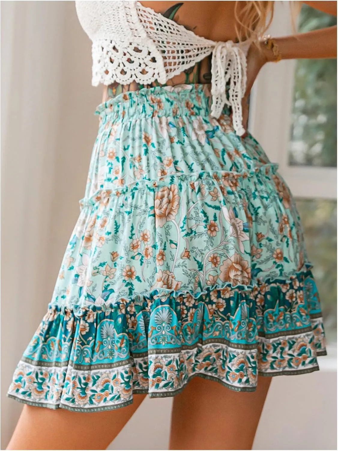 Milumia Women's Floral Tie Front Ruffle Mini Skirt Boho High Waist Tiered Ruffle Flowy Short Skirts