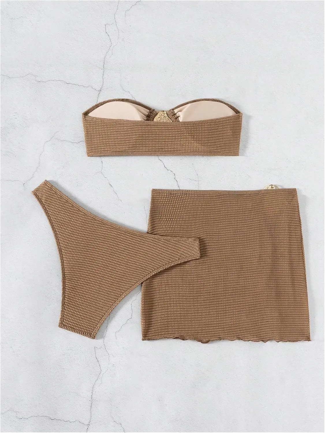 Milumia Women's Metal Textured 3 Piece Swimsuit Strapless Bandeau Bikini Set with Coverup Bathing Suit
