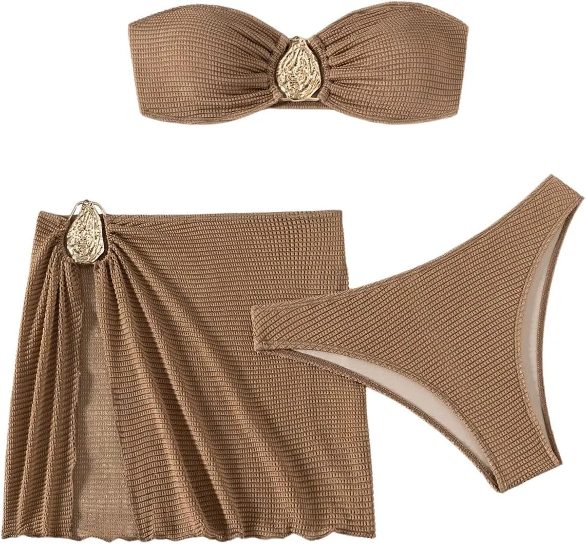 Milumia Women's Metal Textured 3 Piece Swimsuit Strapless Bandeau Bikini Set with Coverup Bathing Suit