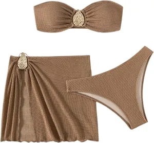 Milumia Women's Metal Textured 3 Piece Swimsuit Strapless Bandeau Bikini Set with Coverup Bathing Suit