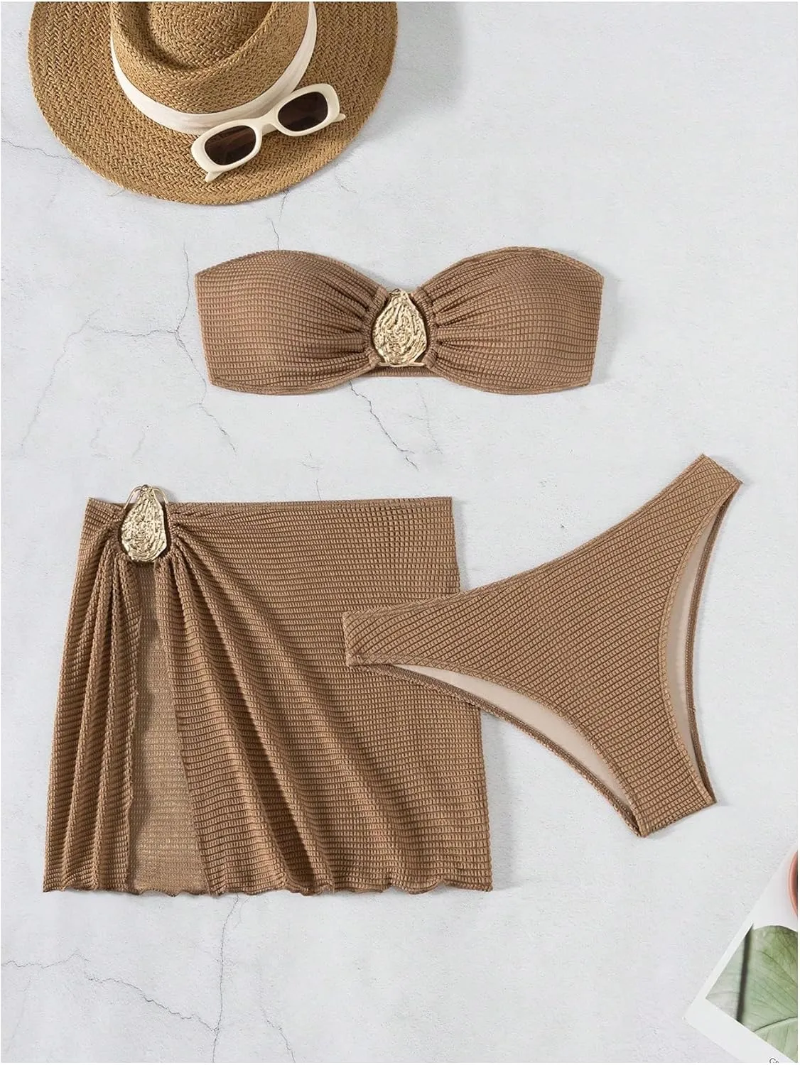 Milumia Women's Metal Textured 3 Piece Swimsuit Strapless Bandeau Bikini Set with Coverup Bathing Suit