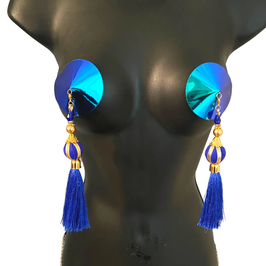 MINA VON VIXEN Royal Blue Nipple Pasty, Covers (2pcs) with 2 Pairs of Removable Tassels! For Lingerie Festivals Carnival Burlesque Raves