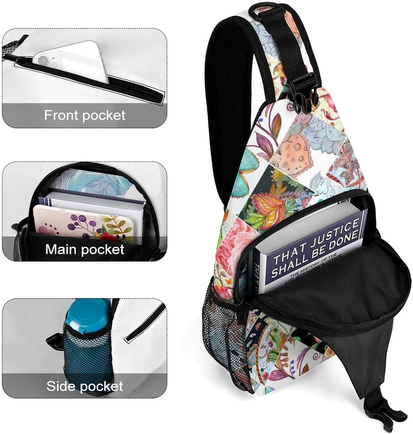 MoBlinko Sling Bag Patchwork Butterfly Flowers Women Crossbody Sling Backpack Chest Bag for Hiking Cycling Travel Gift