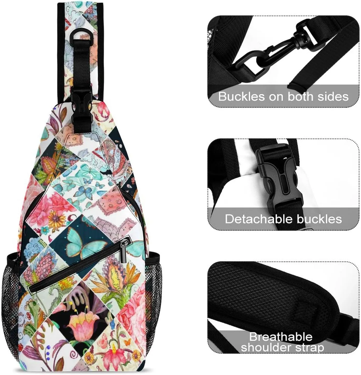 MoBlinko Sling Bag Patchwork Butterfly Flowers Women Crossbody Sling Backpack Chest Bag for Hiking Cycling Travel Gift