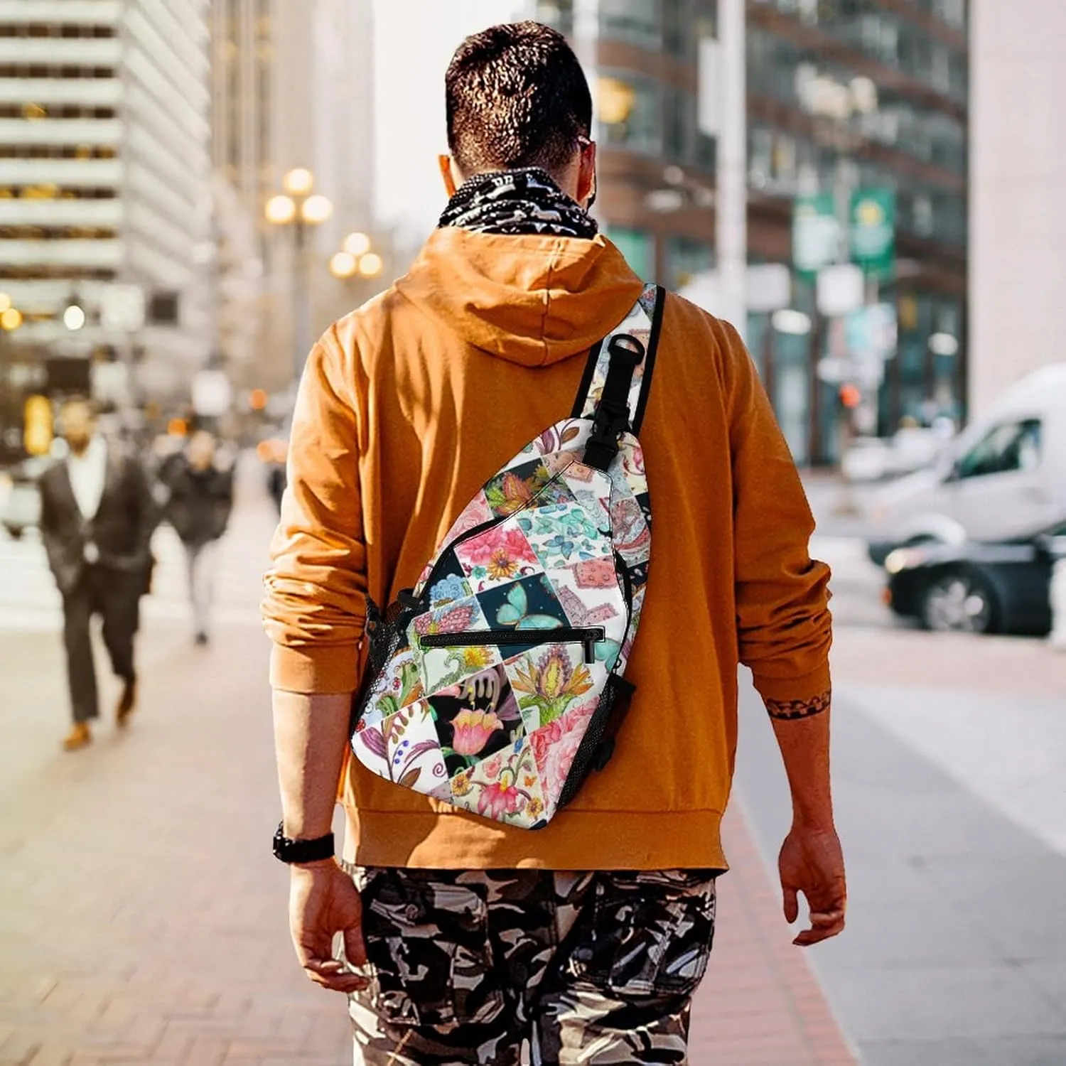 MoBlinko Sling Bag Patchwork Butterfly Flowers Women Crossbody Sling Backpack Chest Bag for Hiking Cycling Travel Gift