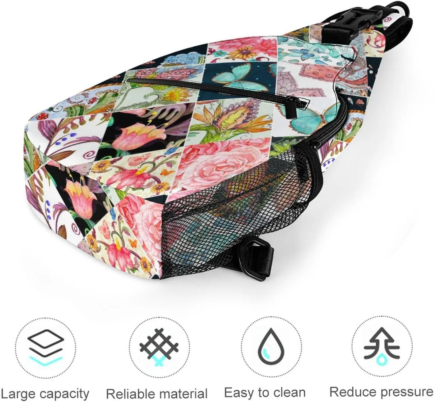 MoBlinko Sling Bag Patchwork Butterfly Flowers Women Crossbody Sling Backpack Chest Bag for Hiking Cycling Travel Gift