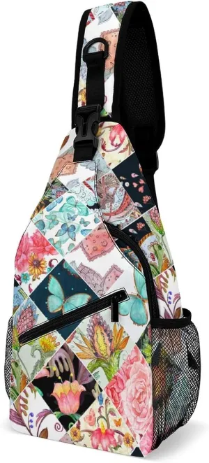 MoBlinko Sling Bag Patchwork Butterfly Flowers Women Crossbody Sling Backpack Chest Bag for Hiking Cycling Travel Gift