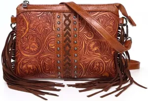 Molodo Boho Floral Crossbody Bag for Women Vintage Fringed Hobo Bag Studded Shoulder Bag Trendy PU Leather Handbag Purses