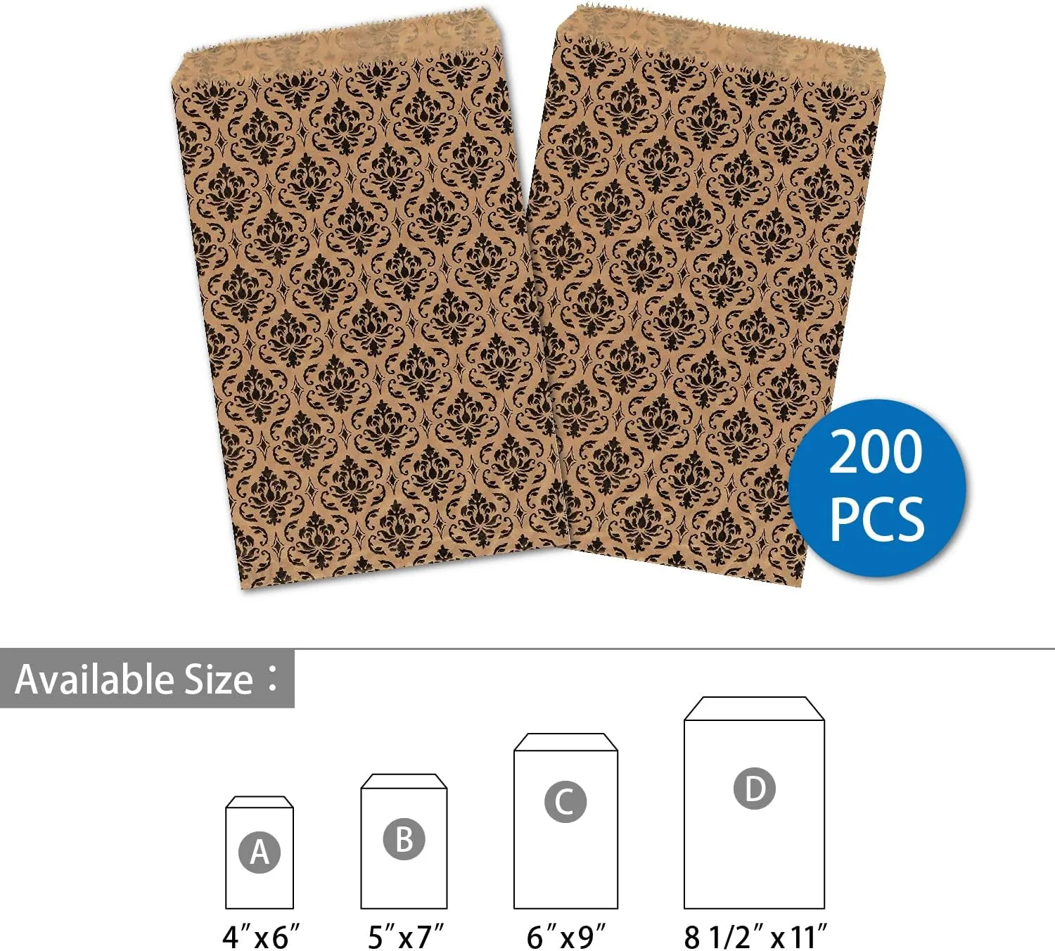 MOOCA 200 pcs Damask Paper Gift Bags, 5 W x 7 H in, Brown with Black Damask