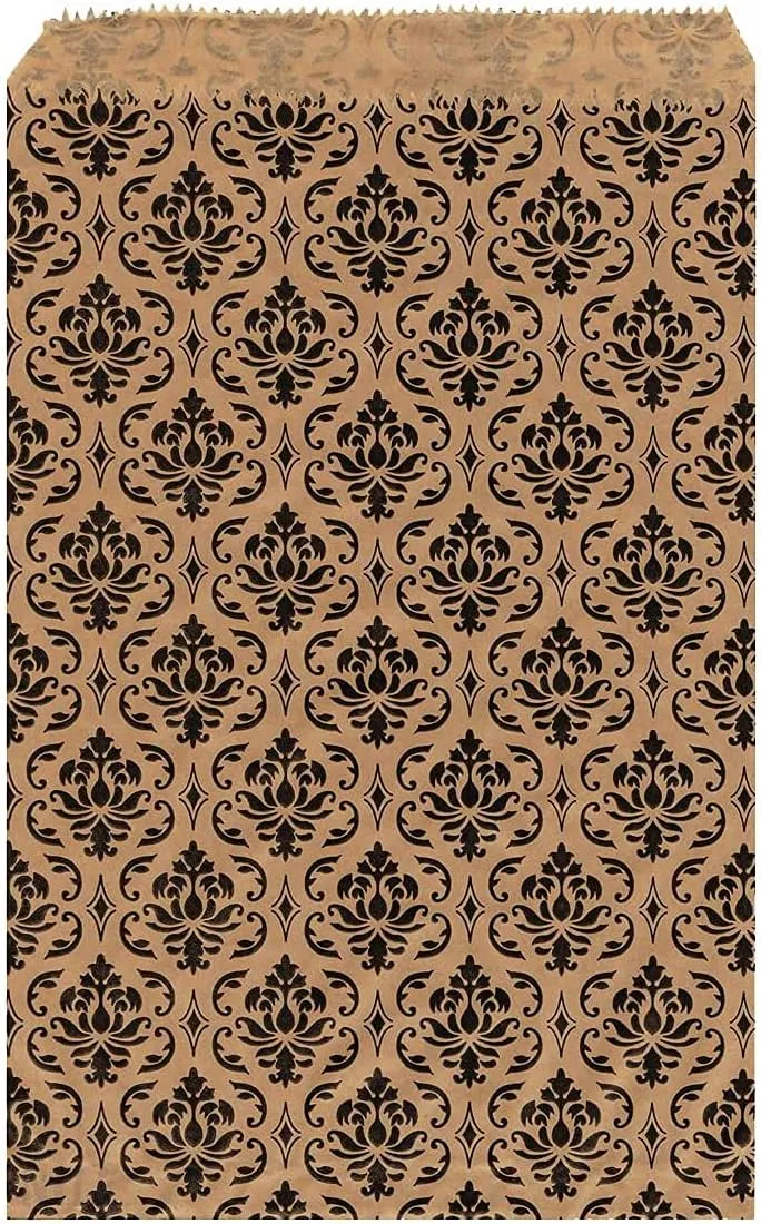 MOOCA 200 pcs Damask Paper Gift Bags, 5 W x 7 H in, Brown with Black Damask