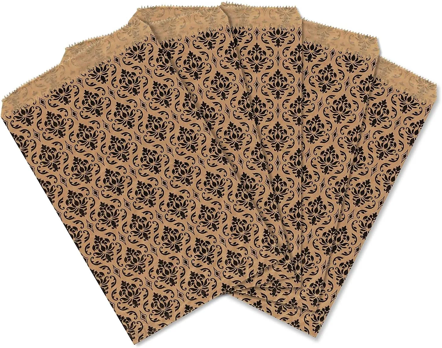 MOOCA 200 pcs Damask Paper Gift Bags, 5 W x 7 H in, Brown with Black Damask