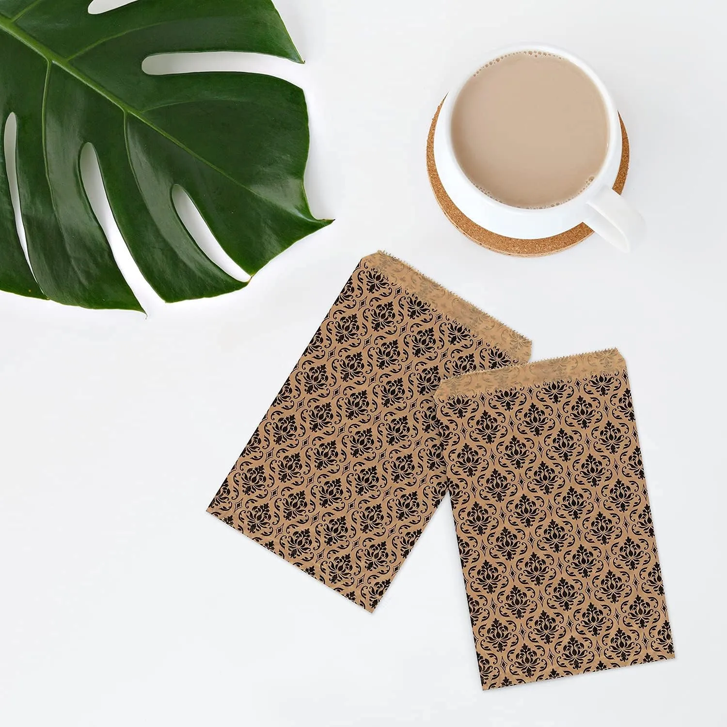 MOOCA 200 pcs Damask Paper Gift Bags, 5 W x 7 H in, Brown with Black Damask