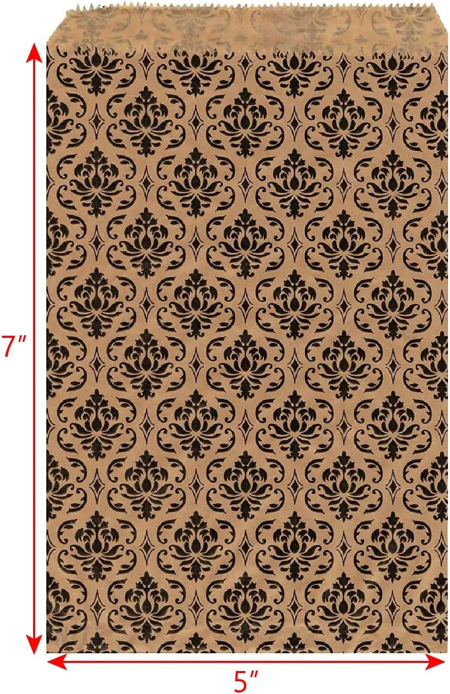 MOOCA 200 pcs Damask Paper Gift Bags, 5 W x 7 H in, Brown with Black Damask