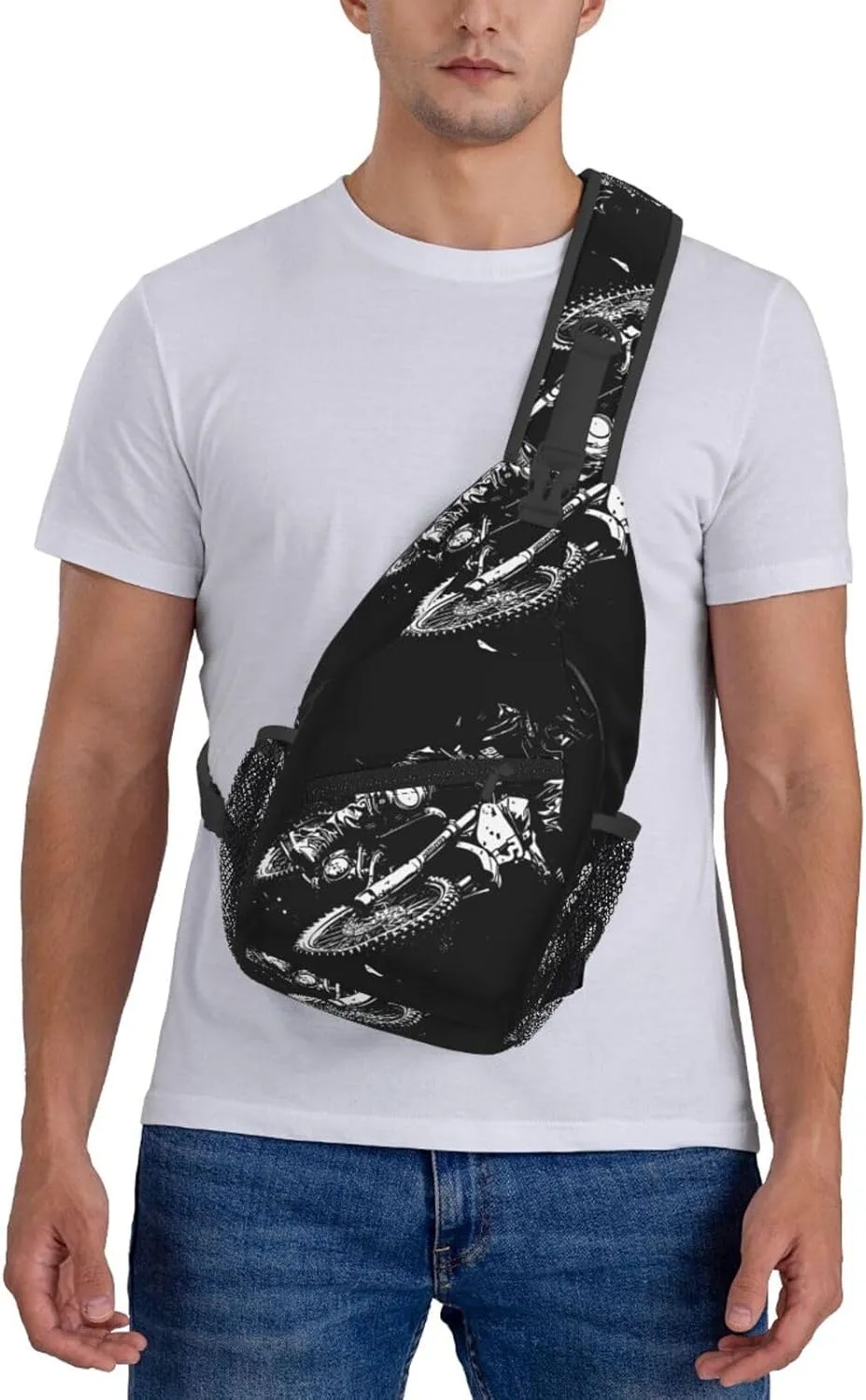 Motocross Rider Vector Line Drawing Grungy Brush Chest Sling Bag Crossbody Shoulder Backpack Bag Gym Cycling Daypack Travel Hiking Cross Bag