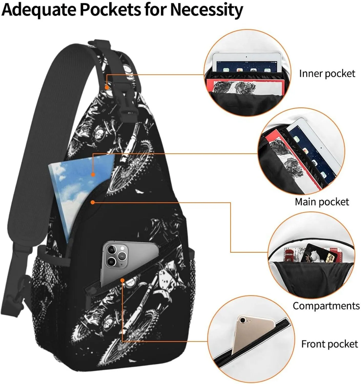 Motocross Rider Vector Line Drawing Grungy Brush Chest Sling Bag Crossbody Shoulder Backpack Bag Gym Cycling Daypack Travel Hiking Cross Bag