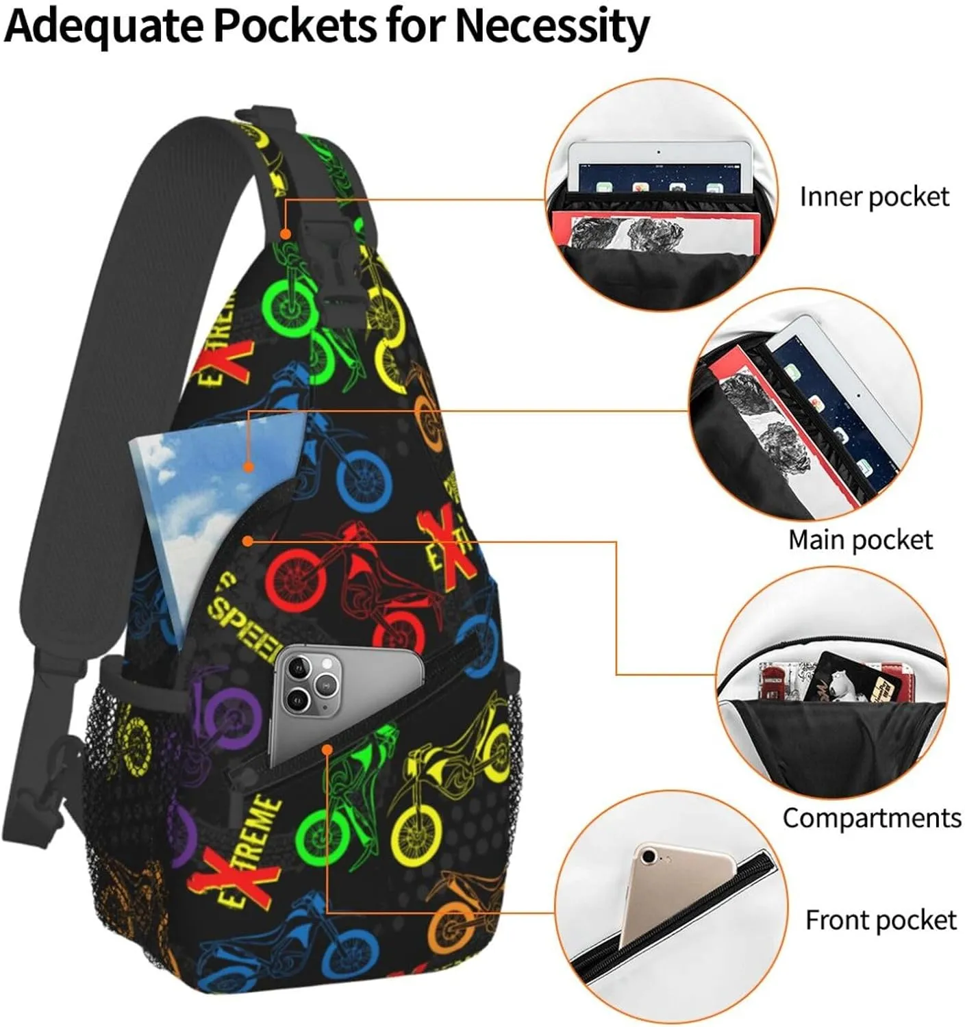 Motorcycles Grunge Guys Modern Urban Extreme Race Chest Sling Bag Crossbody Shoulder Backpack Bag Gym Cycling Travel Hiking Daypack Cross Bag