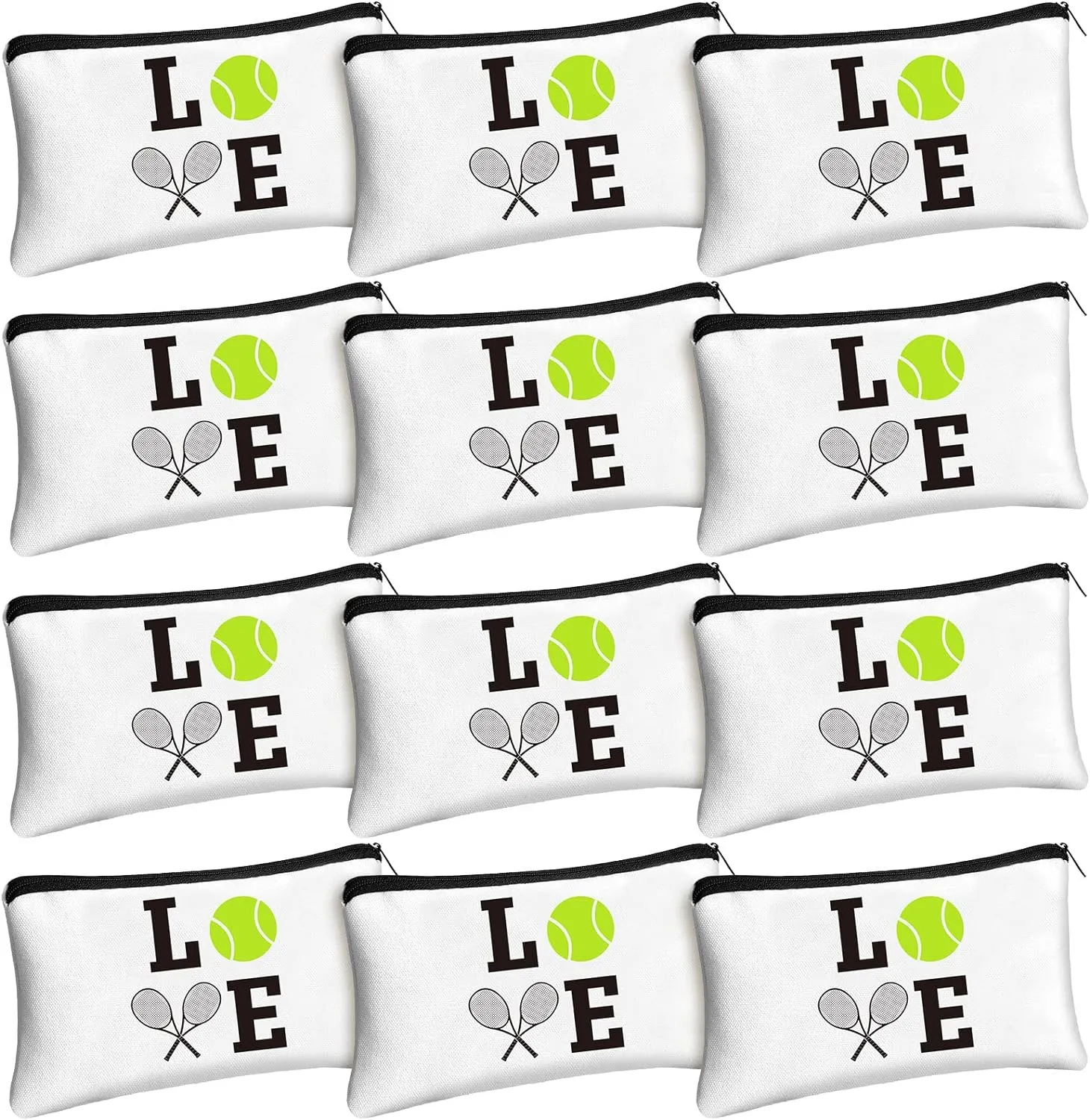 Moukeren 12 Pieces Tennis Makeup Bag Cosmetic Bag with Words Tennis Travel Storage Bags Portable Storage Case Toiletry Bag Accessories with Zippers for Tennis Players Teams Women Girls (White)