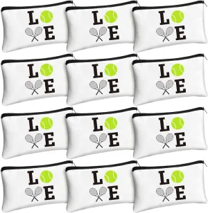 Moukeren 12 Pieces Tennis Makeup Bag Cosmetic Bag with Words Tennis Travel Storage Bags Portable Storage Case Toiletry Bag Accessories with Zippers for Tennis Players Teams Women Girls (White)