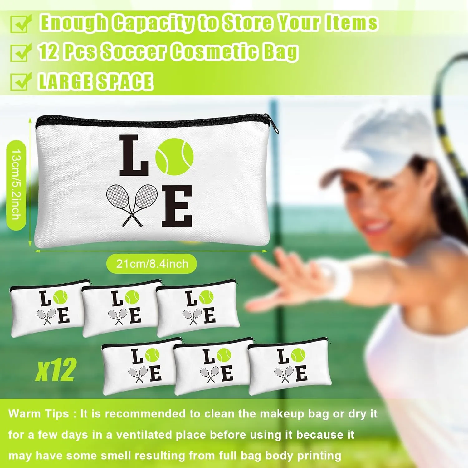 Moukeren 12 Pieces Tennis Makeup Bag Cosmetic Bag with Words Tennis Travel Storage Bags Portable Storage Case Toiletry Bag Accessories with Zippers for Tennis Players Teams Women Girls (White)