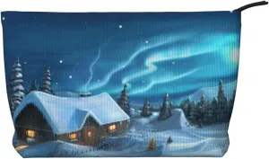 Mountain Cottage In Snow And Northern Lights Makeup Bag Travel Toiletry Bag Portable Corduroy Zipper Makeup Organizer Women Travel Accessories Storage Make Up Bag