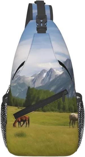 Mountain Pasture Grazing Horses Cross Chest Bag Diagonally Sling Bag for Men Women Crossbody Shoulder Bag Travel Hiking Daypack