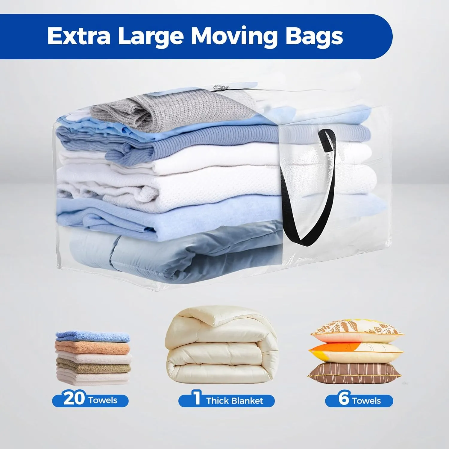 Moving Bags Heavy Duty Extra Large, Clear Moving Bags With Durable Zipper & Strong Handles, Packing Bags for College, Storage Bags for Clothes, Alternative For Moving Boxes (Clear, 6 Pack)