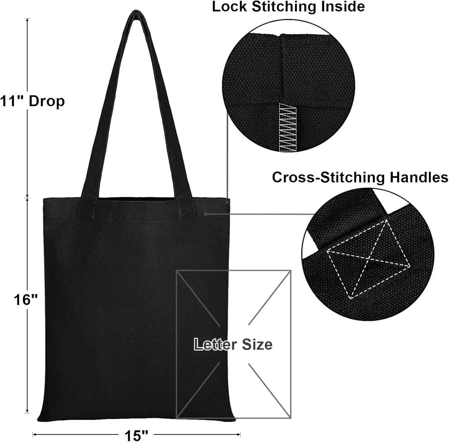 Muka 4 Pack Heavy Duty Canvas Tote Bag, 12oz 100% Cotton Tote Bag, Black DIY Grocery Bag 15 x 16 Inch