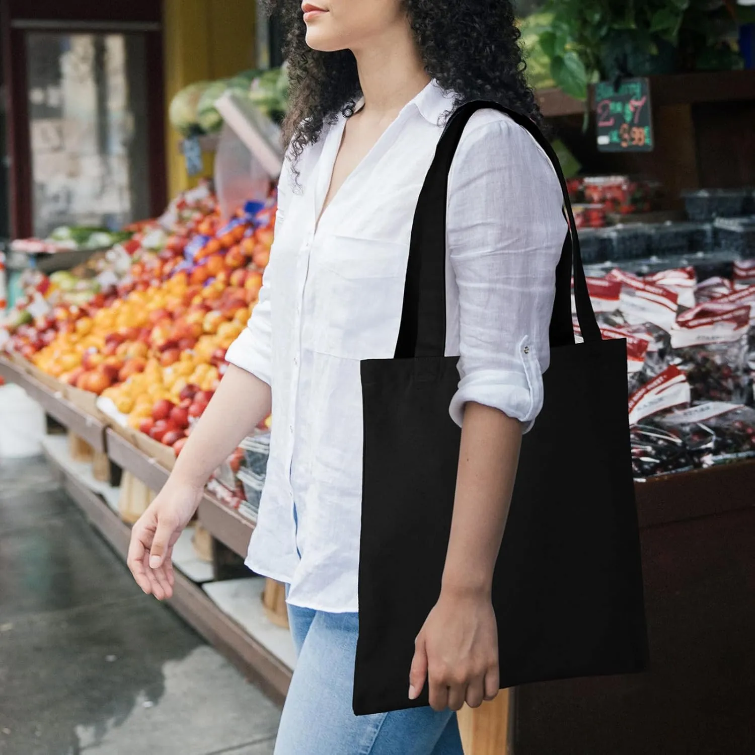 Muka 4 Pack Heavy Duty Canvas Tote Bag, 12oz 100% Cotton Tote Bag, Black DIY Grocery Bag 15 x 16 Inch