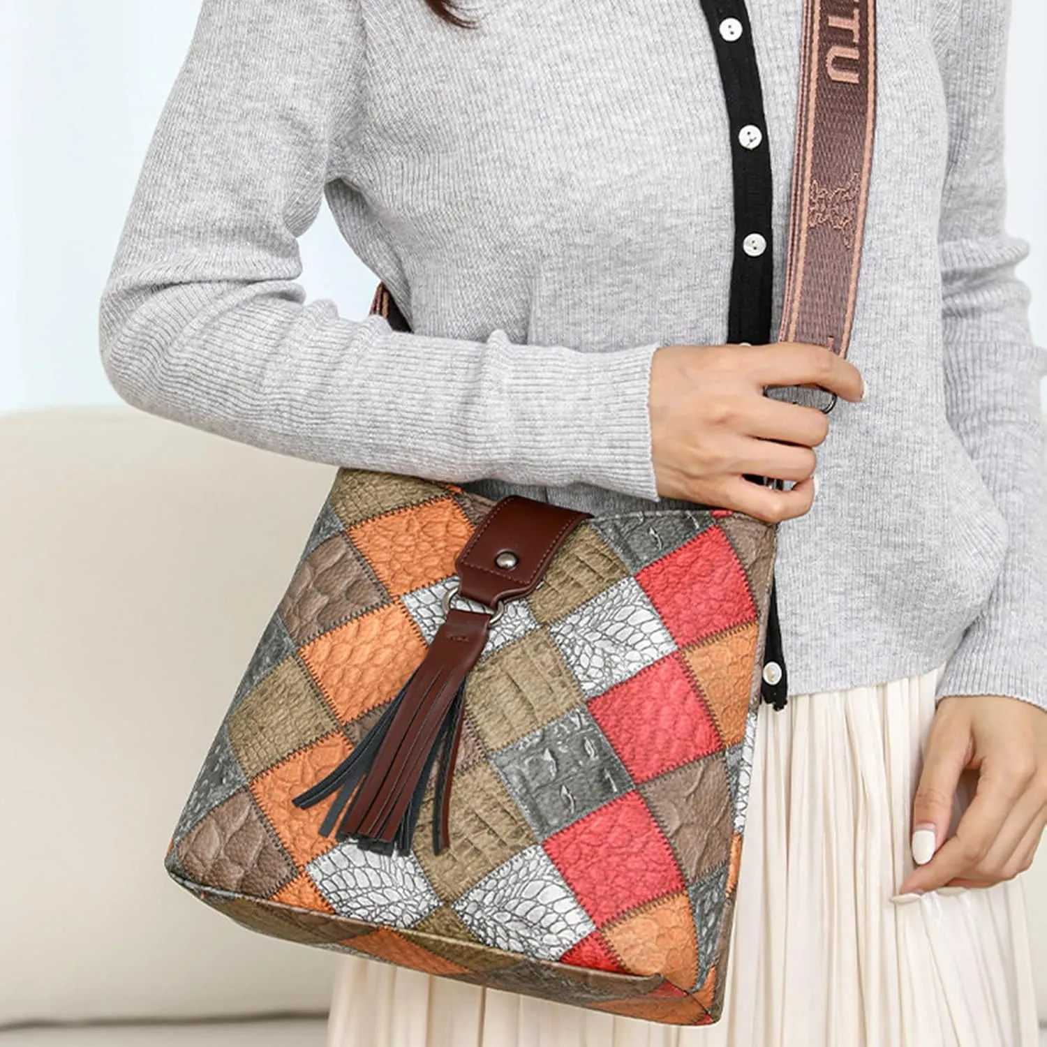 Multicolor Mini Leather Crossbody Bags for Women, Soft Crossbody Bags with Zipper Tassels, Adjustable Strap Shoulder Tote Bag
