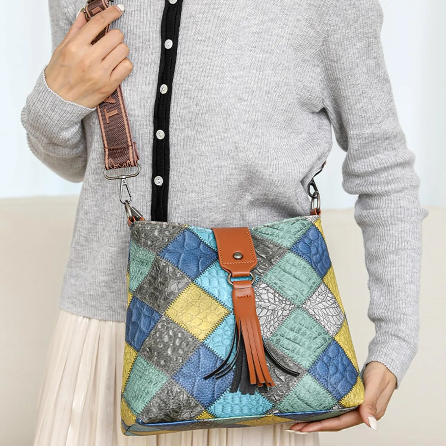 Multicolor Mini Leather Crossbody Bags for Women, Soft Crossbody Bags with Zipper Tassels, Adjustable Strap Shoulder Tote Bag