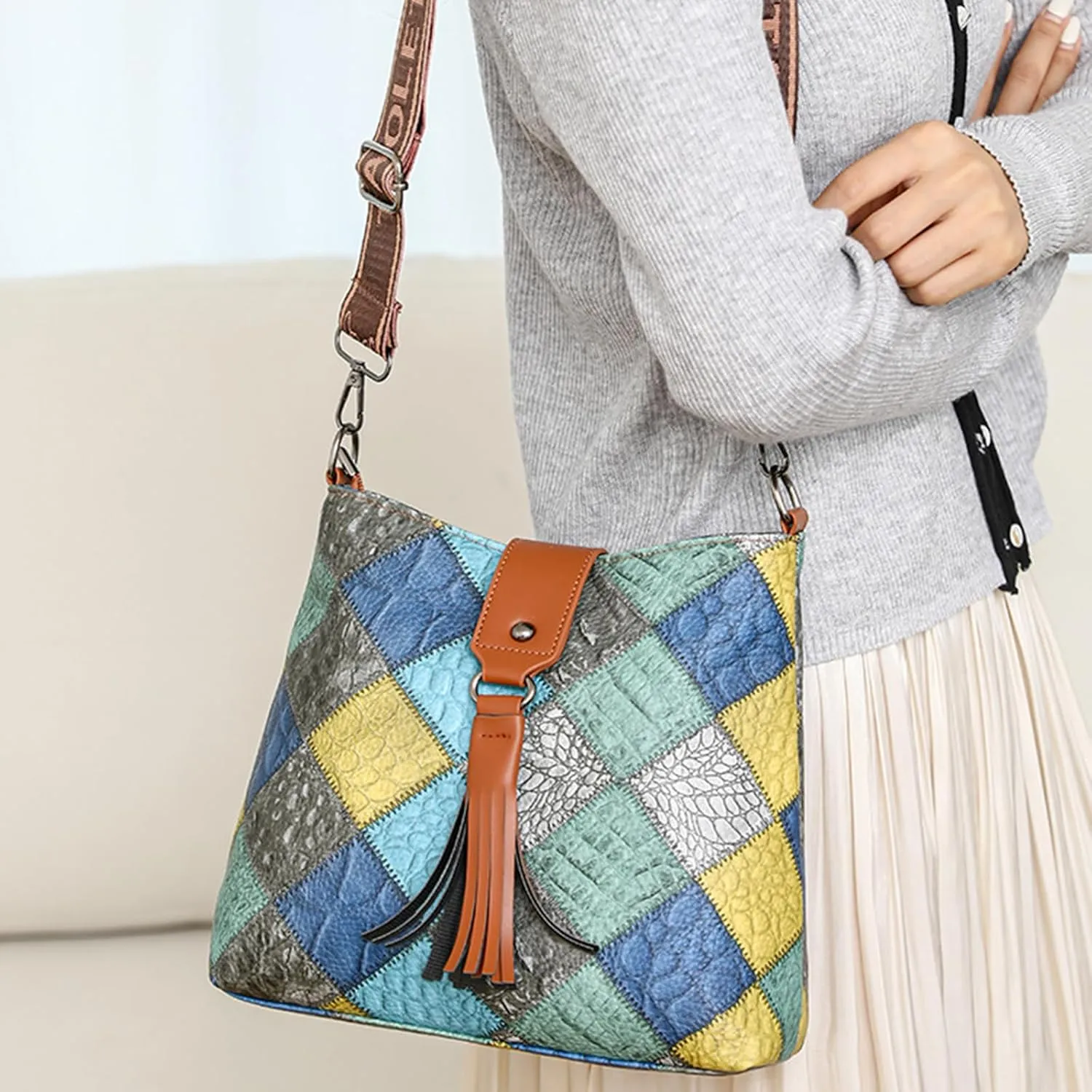 Multicolor Mini Leather Crossbody Bags for Women, Soft Crossbody Bags with Zipper Tassels, Adjustable Strap Shoulder Tote Bag