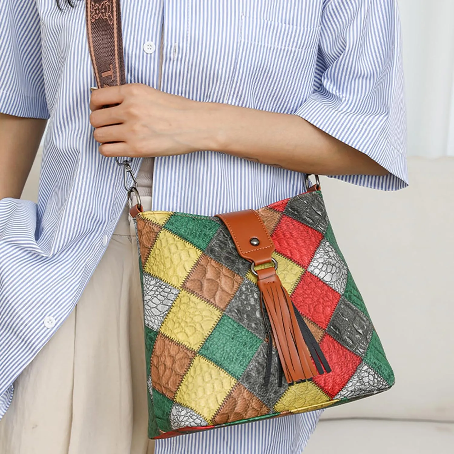 Multicolor Mini Leather Crossbody Bags for Women, Soft Crossbody Bags with Zipper Tassels, Adjustable Strap Shoulder Tote Bag