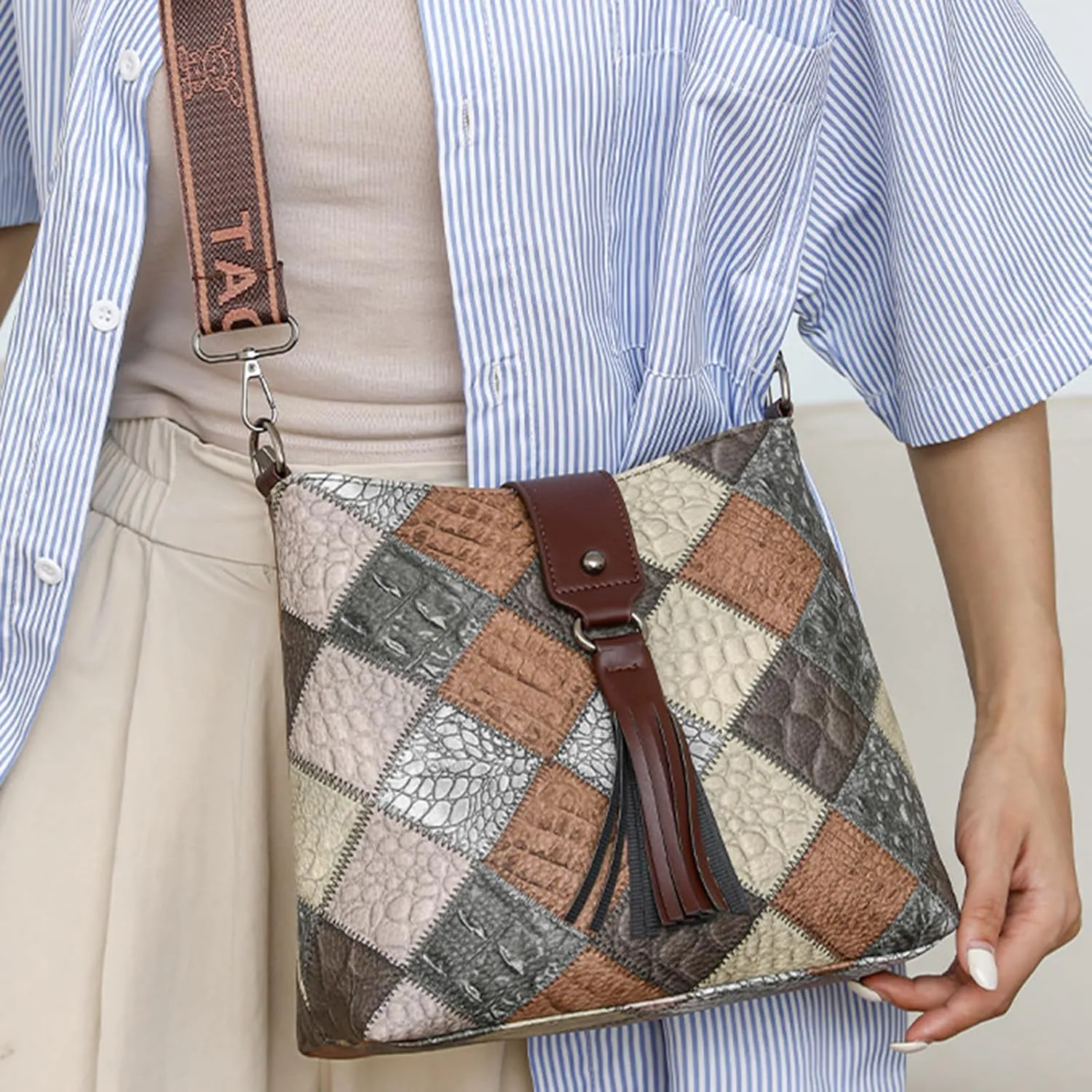 Multicolor Mini Leather Crossbody Bags for Women, Soft Crossbody Bags with Zipper Tassels, Adjustable Strap Shoulder Tote Bag