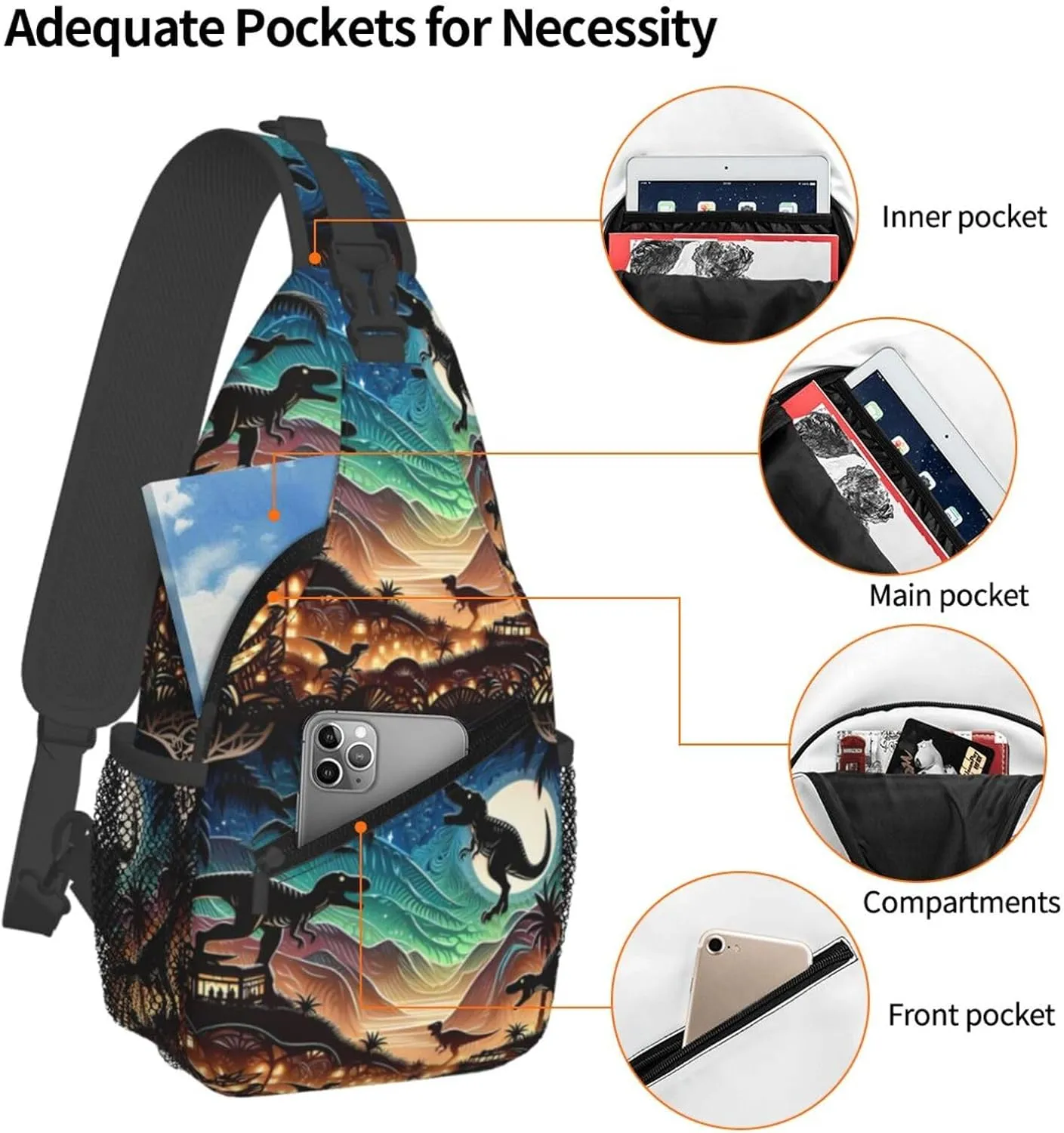 Multicolored Dinosaurs Dinosaurs Chest Sling Bag Crossbody Shoulder Backpack Bag Gym Cycling Travel Hiking Daypack Cross Bag
