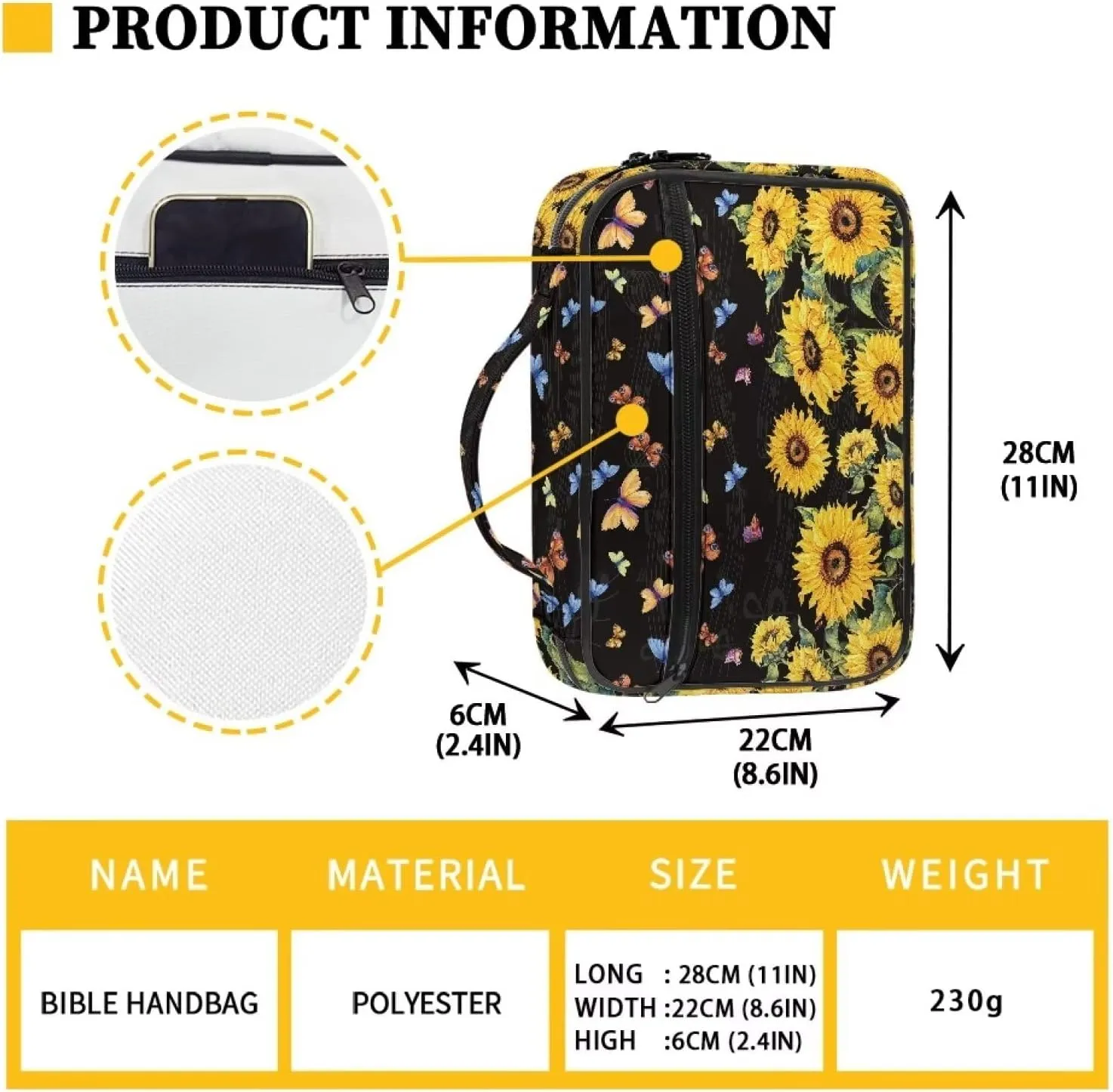 Mumeson Butterfly Sunflower Bible Cover Bible Pens Holder Church Bag for Prayer Church Hand Carry Bags Lightweight Daily Bible Carry Tote Handy Bags Fits Most Bible