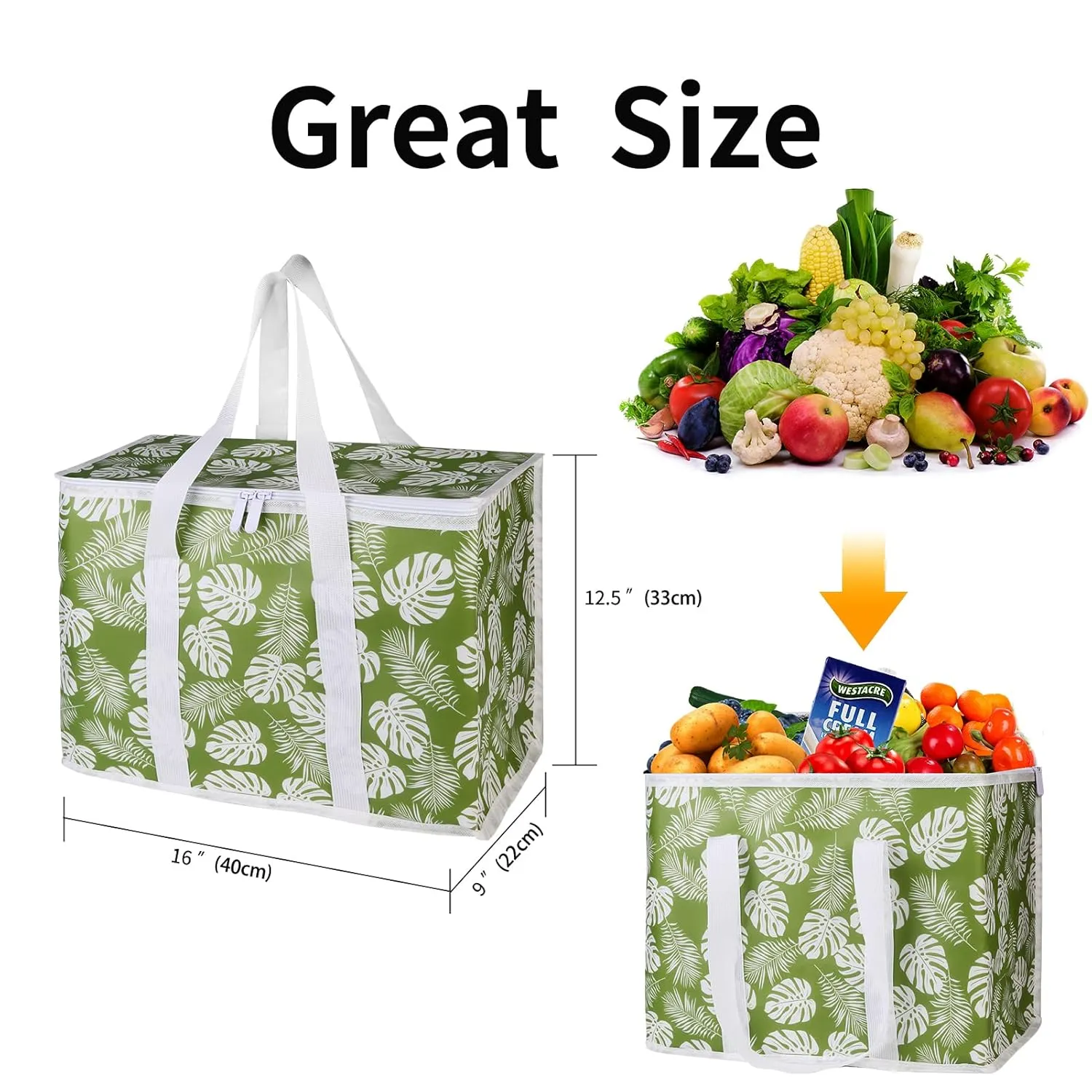 musbus 2-Pack extra Insulated Grocery shopping bag, large Green leaf, kitchen foldable reusable bags groceries,Sturdy zipper,Collapsible,tote,cooler,for transport women,Durable carrier
