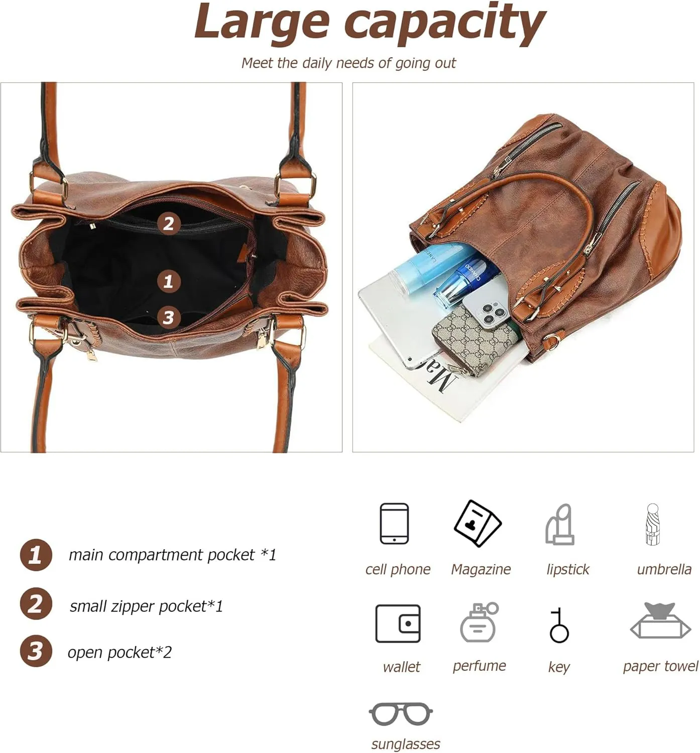 myfriday Vintage Leather Tote Handbags for Women, Soft Hobo Shoulder Bag Crossbody Satchel Purse with Adjustable Strap