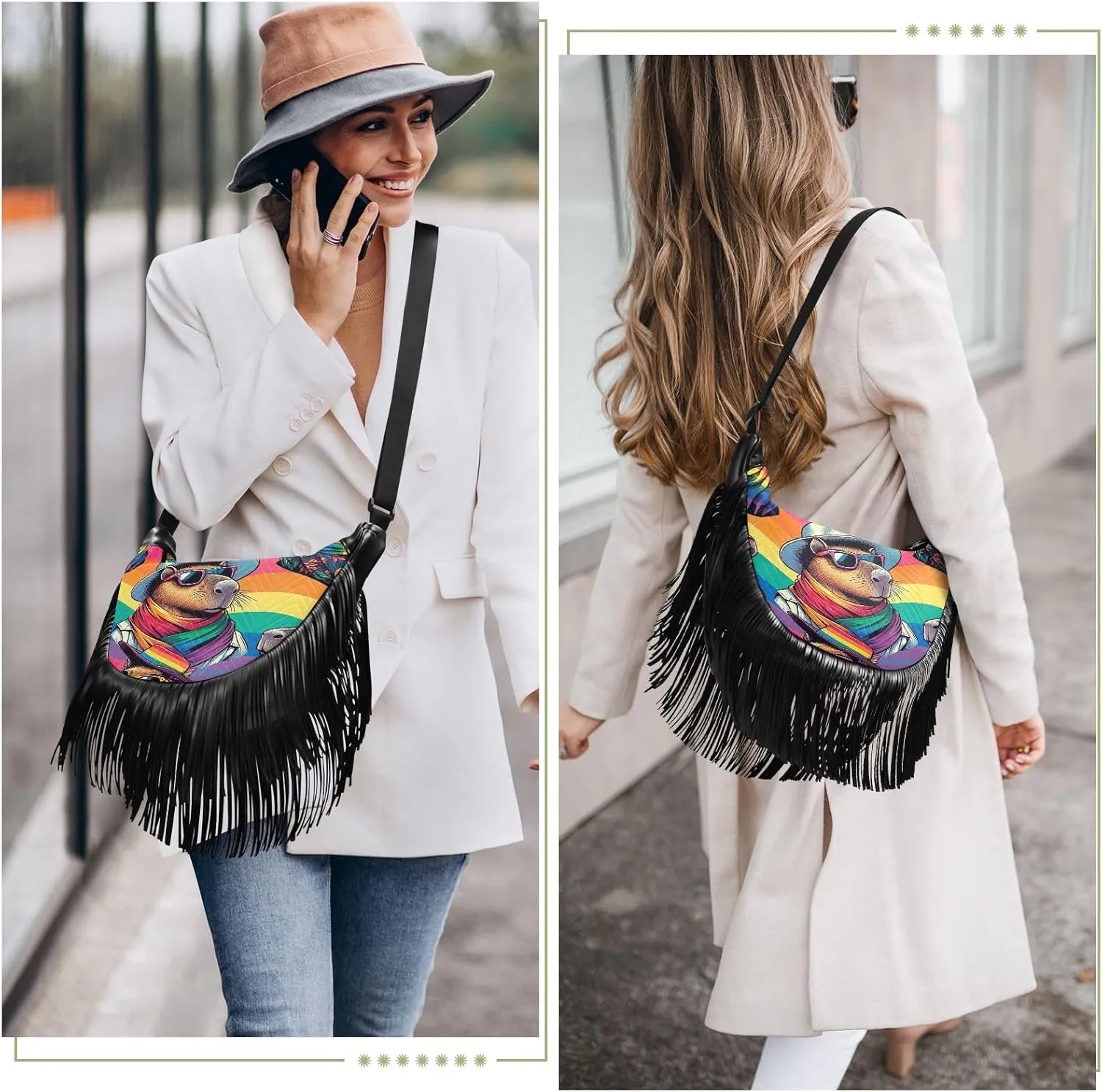 Mythical Goddess and Leopard Fringe Purse Cross Body Tassel Crossbody Purse Boho Shoulder Bag Hippie Bags for Women