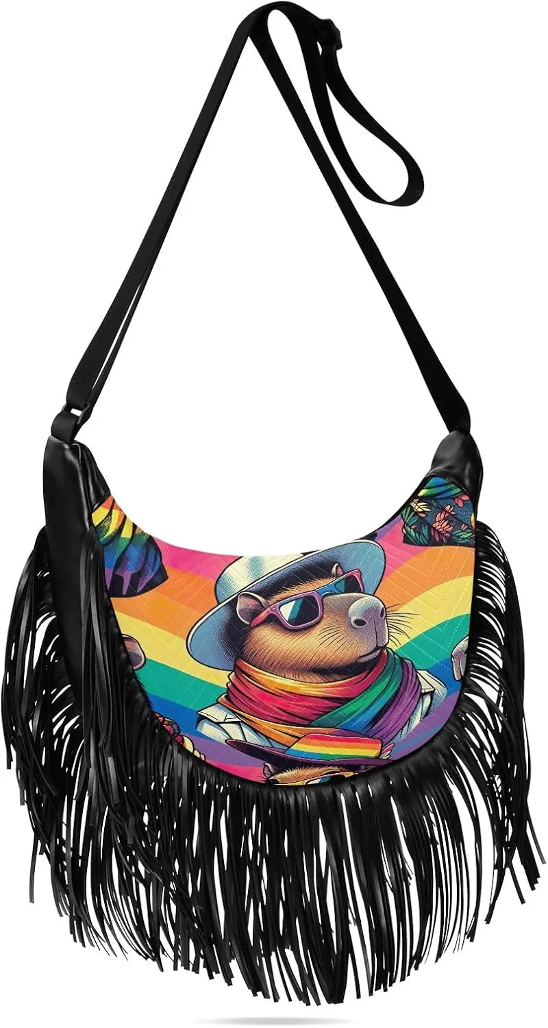 Mythical Goddess and Leopard Fringe Purse Cross Body Tassel Crossbody Purse Boho Shoulder Bag Hippie Bags for Women