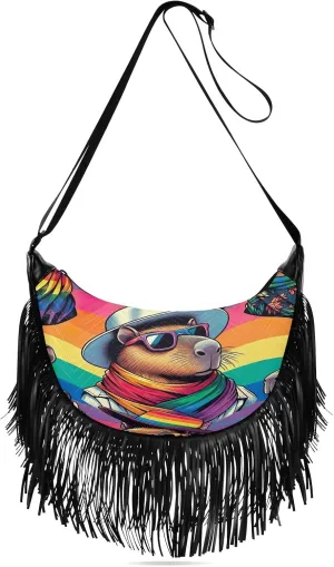 Mythical Goddess and Leopard Fringe Purse Cross Body Tassel Crossbody Purse Boho Shoulder Bag Hippie Bags for Women