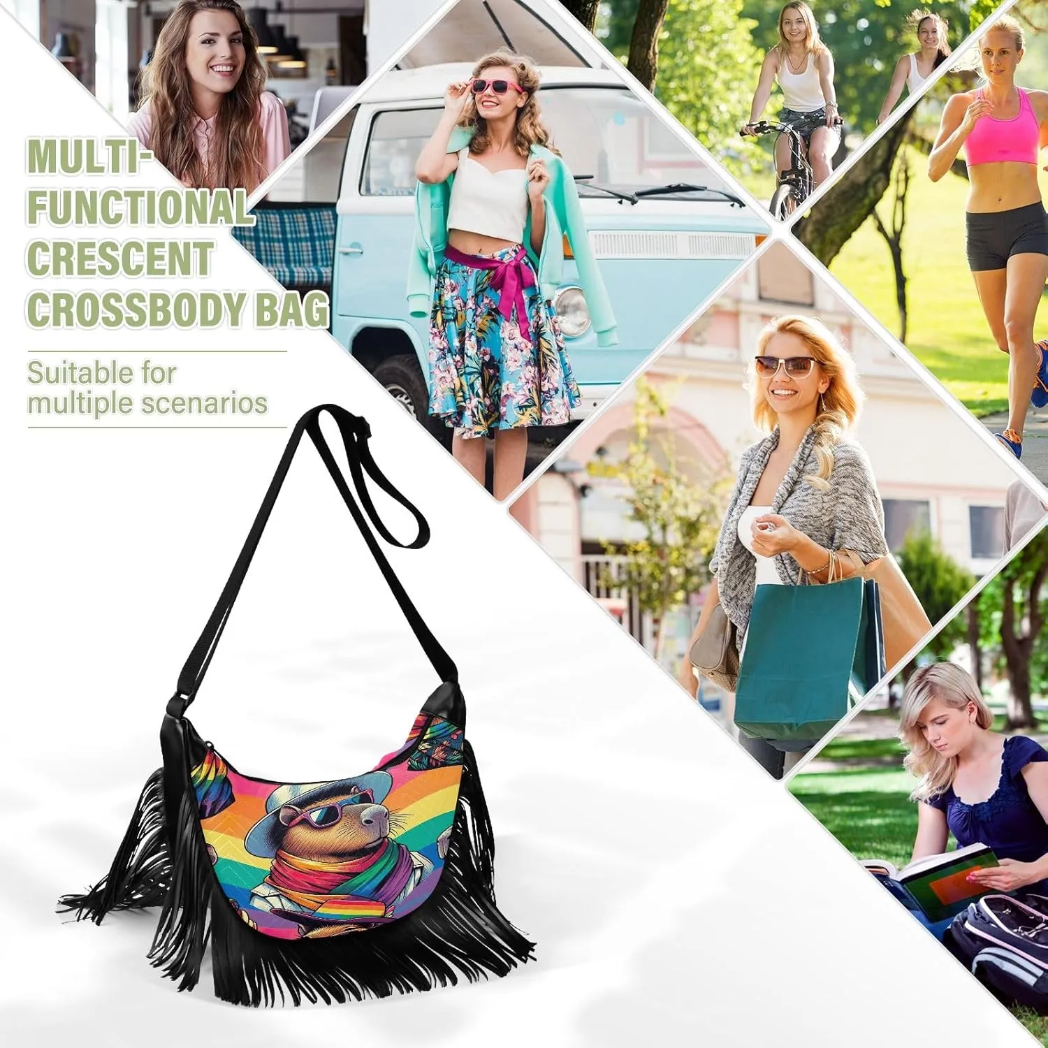 Mythical Goddess and Leopard Fringe Purse Cross Body Tassel Crossbody Purse Boho Shoulder Bag Hippie Bags for Women